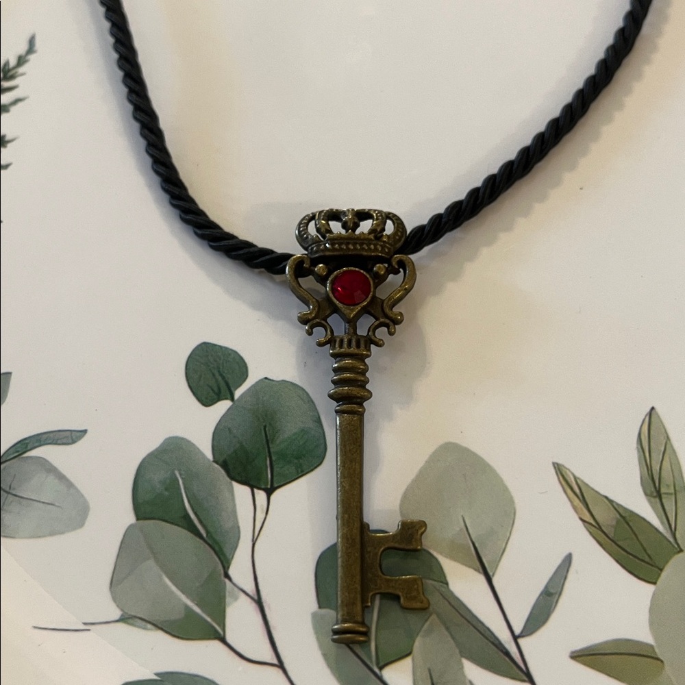 Vintage Style Key Pendant Necklace with Red Gem